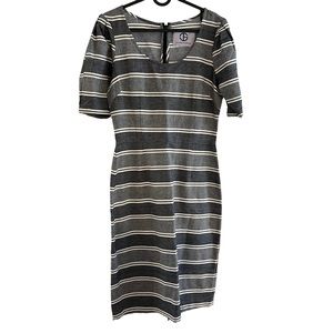 JS Collections 4 blue white stripe fitted knee length dress puff sort sleeves